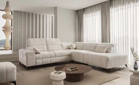 Ecksofa mit Schlaffunktion Penejos IX cremefarbenes Ecksofa mit Bettzeugcontainern komfortable verstellbare Kopfstützen