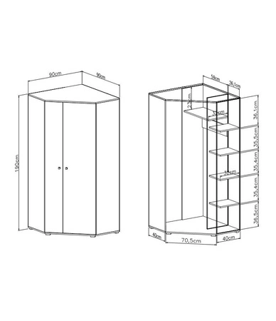 Eck kleiderschrank Dzeta Eiche / Anthrazit ideal für das Jugendzimmer funktionell und geräumig Originalfarben