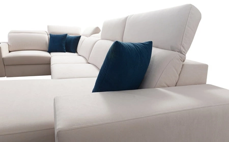 Kelly IV Ecksofa mit Schlaffunktion graue Esche rechts geflochten bequemes Ecksofa verstellbare Kopfstützen seitlich mit Lattenverkleidung