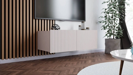 RTV Schrank Colder 100 cm beige mit der Möglichkeit der Aussetzung stilvolle geriffelte Front elegante Form der Möbel in einem modernen Stil