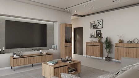 Osaka Couchtisch Eiche evoke / schwarz mit Schubladen elegante Konstruktion mit Metallbeinen in schwarz geschmackvoll geriffelte Front verstärkt