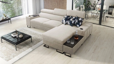 Ecksofa mit Schlaffunktion Flavio hellbeige/beige rechts elegantes Ecksofa mit offener Bar an der Seite des Möbels