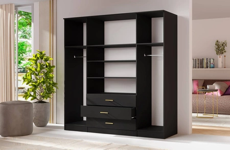 Kleiderschrank Adel 200 cm schwarz elegantes Design geräumiger Kleiderschrank mit Spiegel und Schubladen ideal für Schlafzimmer oder Flur Goldgriffe