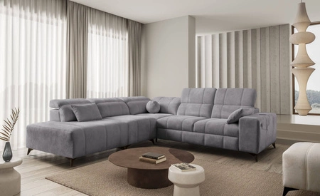 Ecksofa mit Schlaffunktion Penejos IX hellgrau linke Seite stilvolles Ecksofa mit Bettzeugcontainern komfortable verstellbare Kopfstützen