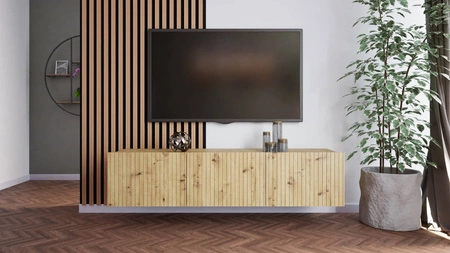 RTV Schrank Colder 150 cm Eiche Handwerker mit der Möglichkeit der Aussetzung stilvolle geriffelte Front elegante Form der Möbel in einem modernen Stil