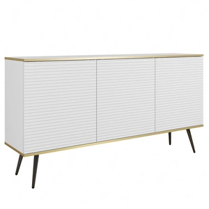 Kommode Luxury 160 cm weiß elegantes Design stilvolle geriffelte Fronten Kommode Körper mit Gold trim schwarzen Metallbeinen gekrönt
