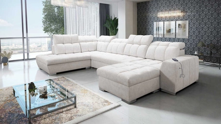 Ecksofa mit Schlaffunktion Luigi VI hellbeige rechtsseitiges stilvolles Ecksofa mit Bettkästen, bezogen mit weichem Stoff