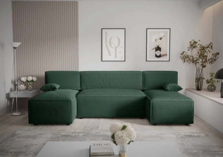 Ecksofa mit Schlaffunktion Brandon U grüner Bettzeugcontainer dreidimensionaler Stoff mit ausdrucksvollen Streifen
