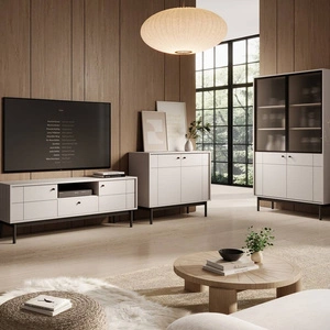 Modesta Möbelset beige minimalistisches Design mit dezenten Farben geriffeltes gehärtetes Glas hohe Holzbeine hervorgehoben