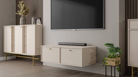 RTV-Schrank Kioto IV 121 cm beige eleganter Schrank mit nach unten öffnenden Türen gedeckte Farben goldene Metallgriffe