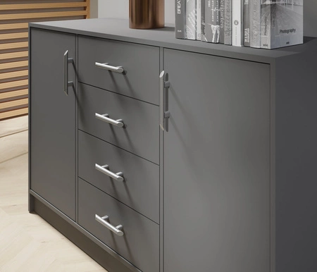 Kommode mit Schubladen Caspe 140 cm anthrazit modernes Möbeldesign Kommodenkante mit speziellem ABS-Furnier verarbeitet