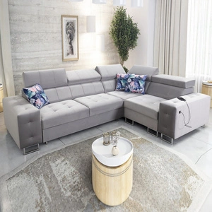 Hampton II Ecksofa mit Schlaffunktion grau Esche rechts stilvolles Ecksofa Bett weiche Polsterung Stoffart Samt