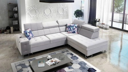 Ecksofa mit Schlaffunktion Hampton VII graue Esche rechtes Ecksofa für den Raum aus Samtstoff mit glatter Oberfläche