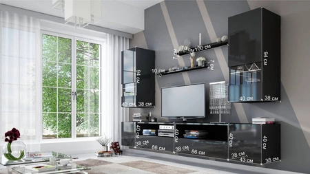 Parga schwarz / schwarz glänzend universelle Schrankwand für das Wohnzimmer mit einem leichten Design wird perfekt in jedes Interieur passen