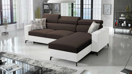 Ecksofa mit Schlaffunktion Savona braun / weiß rechts elegantes Ecksofa mit verstellbaren Kopfstützen Ziernähte 