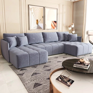 Ecksofa mit Schlaffunktion Oroso U blau Leinencontainer weicher Samtstoff mit hydrophober Beschichtung dekorative Steppung