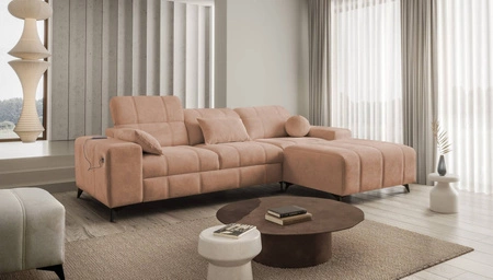 Ecksofa mit Schlaffunktion Penejos Lachs rechts elegantes Ecksofa mit Bettzeugablage bequem verstellbare Kopfstützen