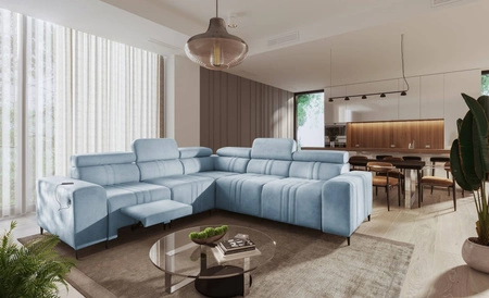 Ecksofa mit Schlaffunktion Castel III Lux blau links äußerst bequemes Ecksofa für das Wohnzimmer mit ausziehbarer Fußstütze 