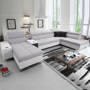 Ecksofa mit Schlaffunktion Dafni V Esche grau / weiß links geflochten komfortables und bequemes Ecksofa mit verstellbaren Kopfstützen