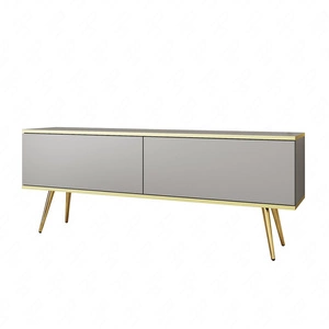 TV-Schrank Luxury 135 cm Korpus in grauem, elegantem Design mit goldener Zierleiste Schrank steht auf goldenen Metallbeinen