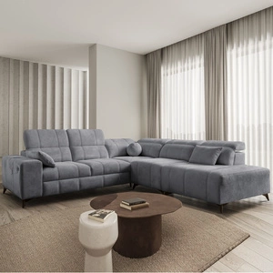 Ecksofa mit Schlaffunktion Penejos IX grau rechte Seite stilvolles Ecksofa mit Bettzeugcontainern komfortable verstellbare Kopfstützen