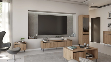 RTV-Schrank Osaka 179 cm Eiche evoke / schwarz in trendigen Farben, ideal für Innenräume im japanischen Stil, geschmackvolle geriffelte Front