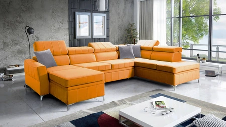 Ecksofa mit Schlaffunktion Rava VI gelb links praktisches und modernes Ecksofa mit einer Multifunktionslampe ausgestattet