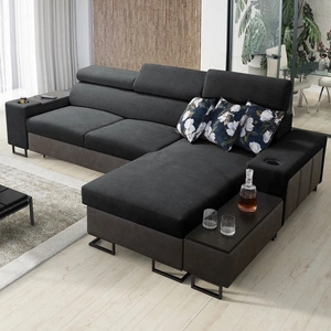 Ecksofa mit Schlaffunktion Flavio in graphit / graphitfarbenem Ökoleder rechts elegantes Ecksofa mit seitlich zu öffnender Verlängerungsstange