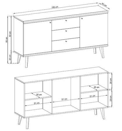 Primo Kommode mit Schubladen 160 cm Eiche riviera / weiß modernes skandinavisches Design Kommode Rand mit speziellen ABS-Furnier beendet