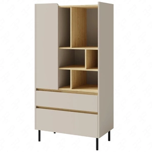 Bücherregal mit Schubladen Paguro 80 cm sandbeige/geölte Eiche elegantes Design stabile hohe Beine Bücherregal mit Türen und Schubladen
