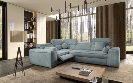 Ecksofa mit Schlaffunktion Viano II Lux grau blau links Design-Ecksofa für das Wohnzimmer mit bequemer ausziehbarer Fußstütze