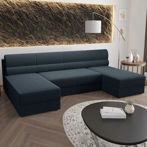 Ecksofa mit Schlaffunktion Fogu U blau bequemes und stilvolles Ecksofa mit einfachem Design Kordstoff Bettzeug Container