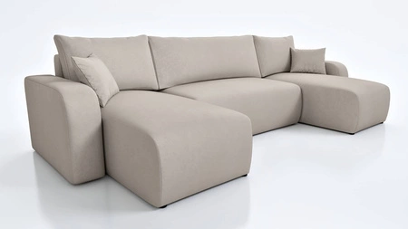 Ecksofa mit Schlaffunktion Fiesta U hellbeige stilvolles Ecksofa mit interessanter Form Stoff mit Plüsch Oberfläche Bettzeug Container