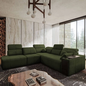 Ecksofa mit Schlaffunktion Tesalia IX grün links modernes Design komfortable Schiebelehne Schublade in der Seite des Möbels