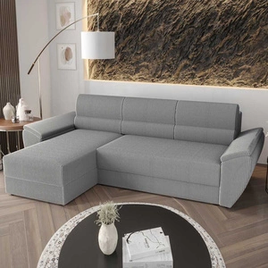 Ecksofa mit Schlaffunktion Fogu II Grau Esche links Stilvolles Ecksofa mit bequemen Armlehnen und einem Bettkasten