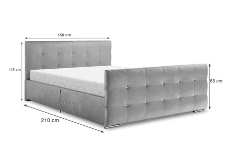 Polsterbett Alford 140x200 grau mit Container im modernen skandinavischen Stil mit gestepptem Kopf- und Fußteil mit Kristallen besetzt