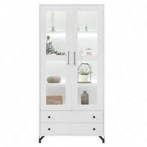 Vitrine Skien 90 cm glänzend weiß elegantes Design schlichte Form des Möbels angereichert mit stilvollen Metallelementen schwarze Beine sichere Glaselemente