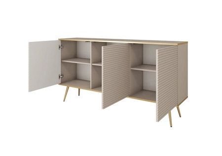 Kommode Luxury 160 cm beige elegantes Design stilvolle geriffelte Fronten Kommodenkorpus mit goldenen Verzierungen goldene Metallbeine gekrönt