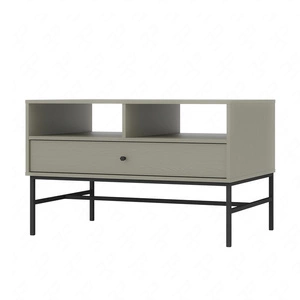 Kioto III Eukalyptus Couchtisch mit Schublade elegante Konstruktion mit Metallrahmen in schwarz subtilen Griff verstärkt