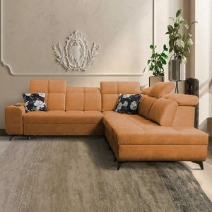 Ecksofa mit Schlaffunktion Buffalo IX Honig rechte Seite stilvolles Ecksofa für Zimmer aus Veloursstoff dekorative Kissen
