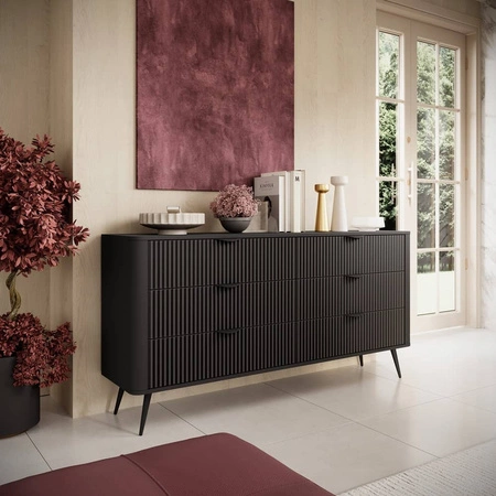 Kommode Lante 163 cm schwarz elegantes Design ovale Form der Kommode auf hohen Beinen geschmackvoll geriffelte Front gesetzt