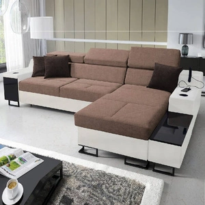 Ecksofa mit Schlaffunktion Alcamo hellbraun/weiß rechts elegantes Ecksofa mit einer ausziehbaren praktischen Schublade an der Seite des Möbels