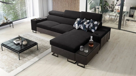 Ecksofa mit Schlaffunktion Flavio schwarz / graphit rechts elegantes Ecksofa mit einer seitlich zu öffnenden Verlängerungsstange des Möbels