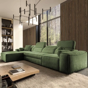 Ecksofa mit Schlaffunktion Viano XII grün links stilvolles Ecksofa mit interessanter Form verstellbare Kopfstützen Zierkissen