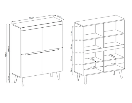 107 cm hohe Kommode Atka weiß / weiß glänzend / Eiche riviera modernes Möbeldesign Kommodenkanten mit speziellem ABS-Furnier versehen