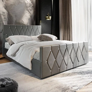 Polsterbett Tifton 160x200 hellgrau mit Stauraum in modernem Stil mit markantem Kopf- und Fußteil mit Kristallen verarbeitet