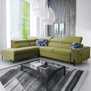 Ecksofa mit Schlaffunktion Belvi III oliv links bequemes und elegantes Ecksofa für das Wohnzimmer mit einem praktischen Staufach in der Seite