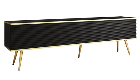 TV-Schrank Luxury 175 cm schwarz elegantes Design stilvolle geriffelte Front Korpus mit goldenen Zierleisten goldenen Metallbeinen gekrönt