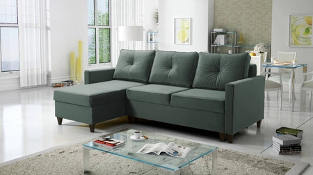 Ecksofa mit Schlaffunktion Terni Stahl grün linke Seite Praktisches und funktionelles Ecksofa mit geräumigen Behältern für Bettzeug