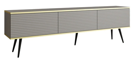TV-Schrank Luxury 175 cm grau elegantes Design stilvolle geriffelte Front Korpus mit goldenen Zierleisten schwarze Metallbeine gekrönt
